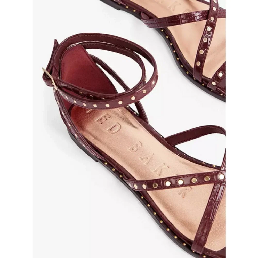 💕TED BAKER LONDON💕 Mathar Flat Studded Gladiator Sandal ~ Dark Brown 38.5 NWT